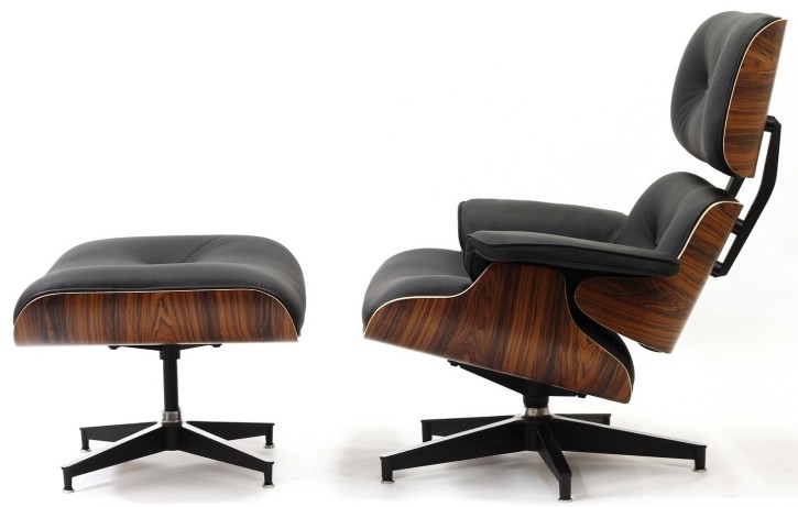 Loungechair mit Ottomane in Palisander  (Anilinleder schwarz)